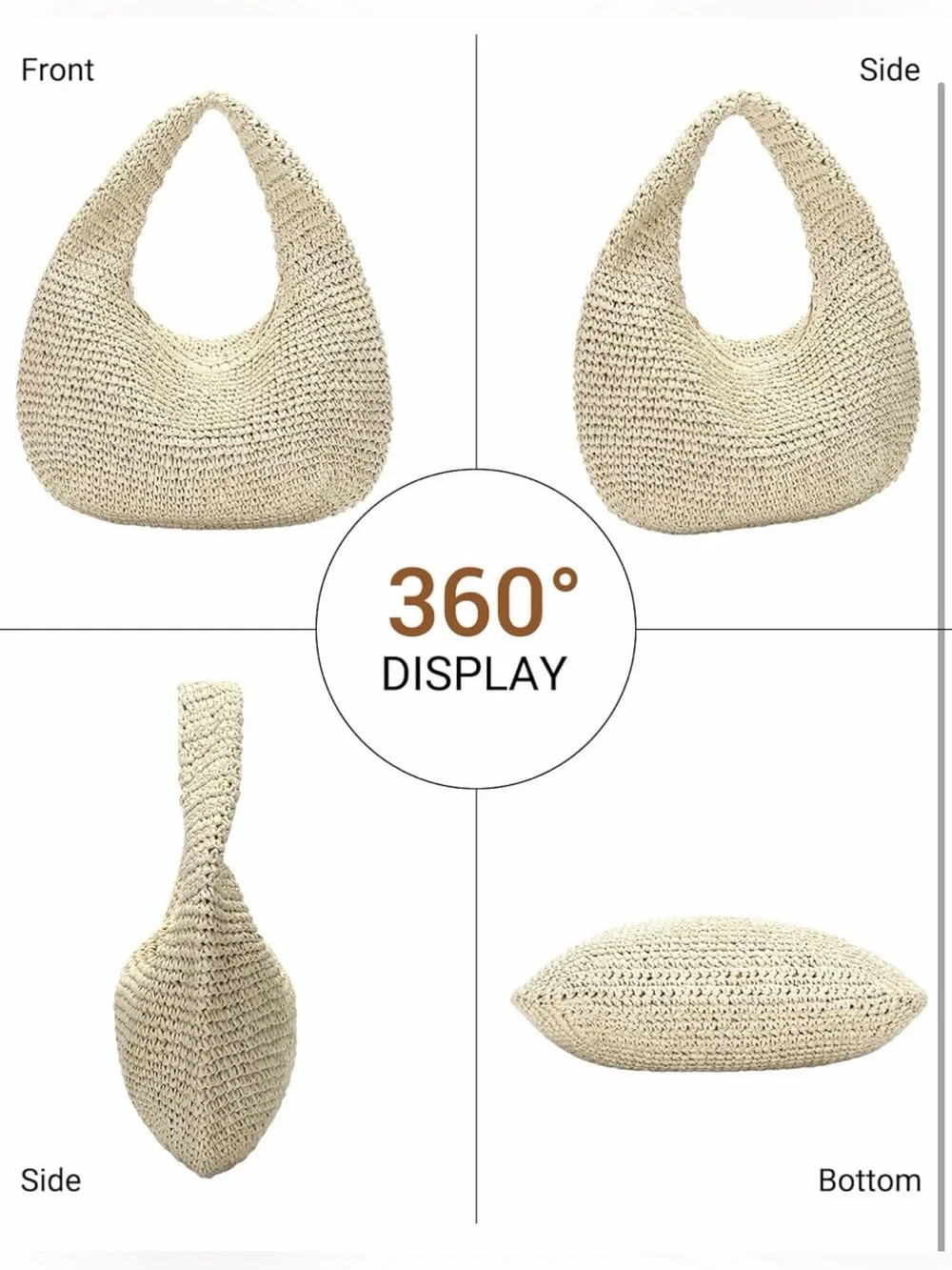 Woven Raffia Hobo Shoulder Bag - Half Moon Design Lightweight Zipper Closure